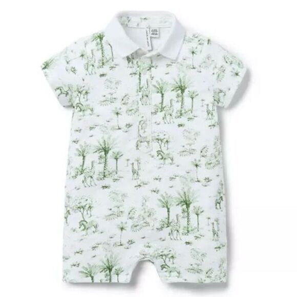 Janie and Jack Baby Tropical Toile Polo Romper Green and White Size 0-3months - Picture 1 of 6